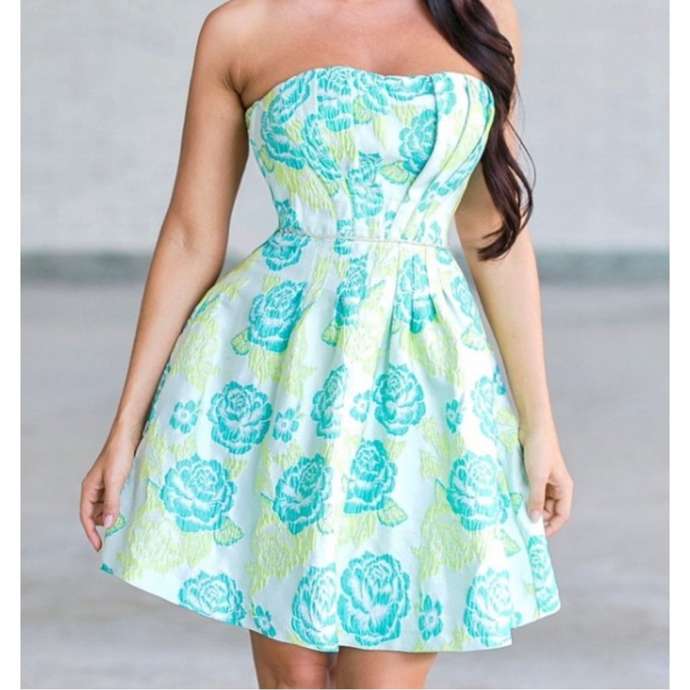 Boutique Dress- Sz M a-line strapless teal and lime green.  NWT - Picture 2 of 6